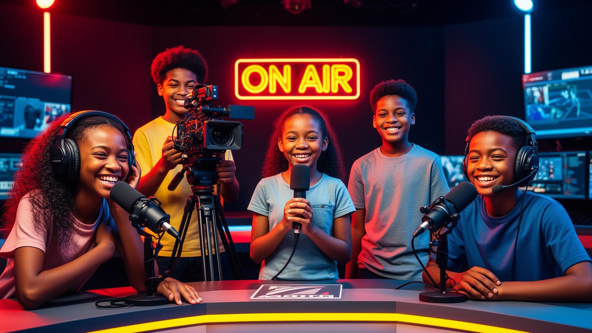 African-American kids and teens in a TNN broadcast studio with ON AIR sign
